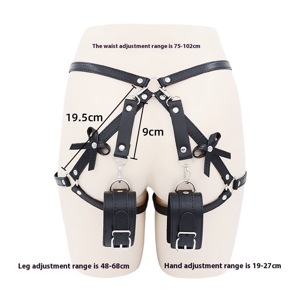 Black Faux Leather Bondage Hip Harness with Handcuffs – Adjustable Women’s Lingerie Accessory