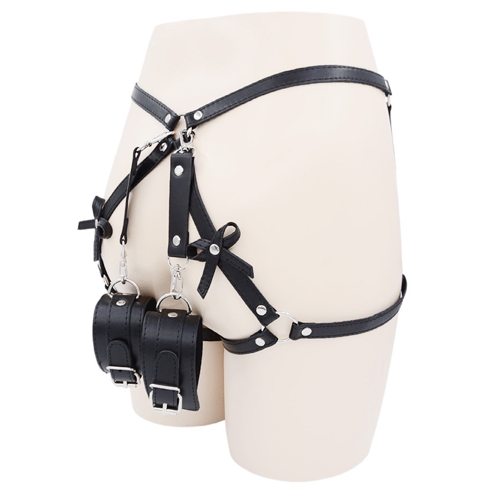 Black Faux Leather Bondage Hip Harness with Handcuffs – Adjustable Women’s Lingerie Accessory