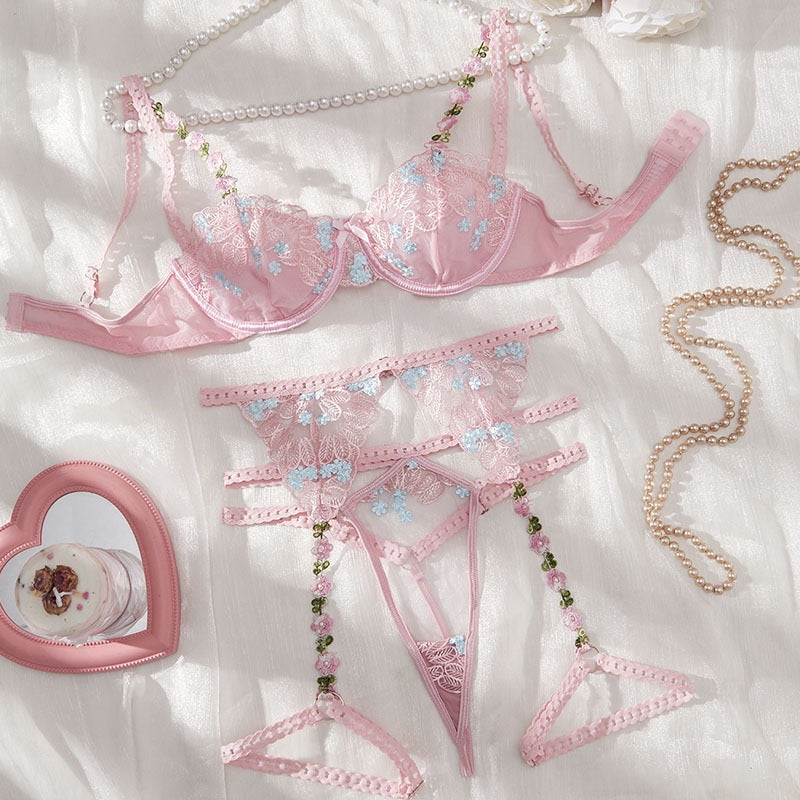 Pink Embroidered Floral Lace Lingerie Set ā 3-Piece Bra, Garter Belt & Panty