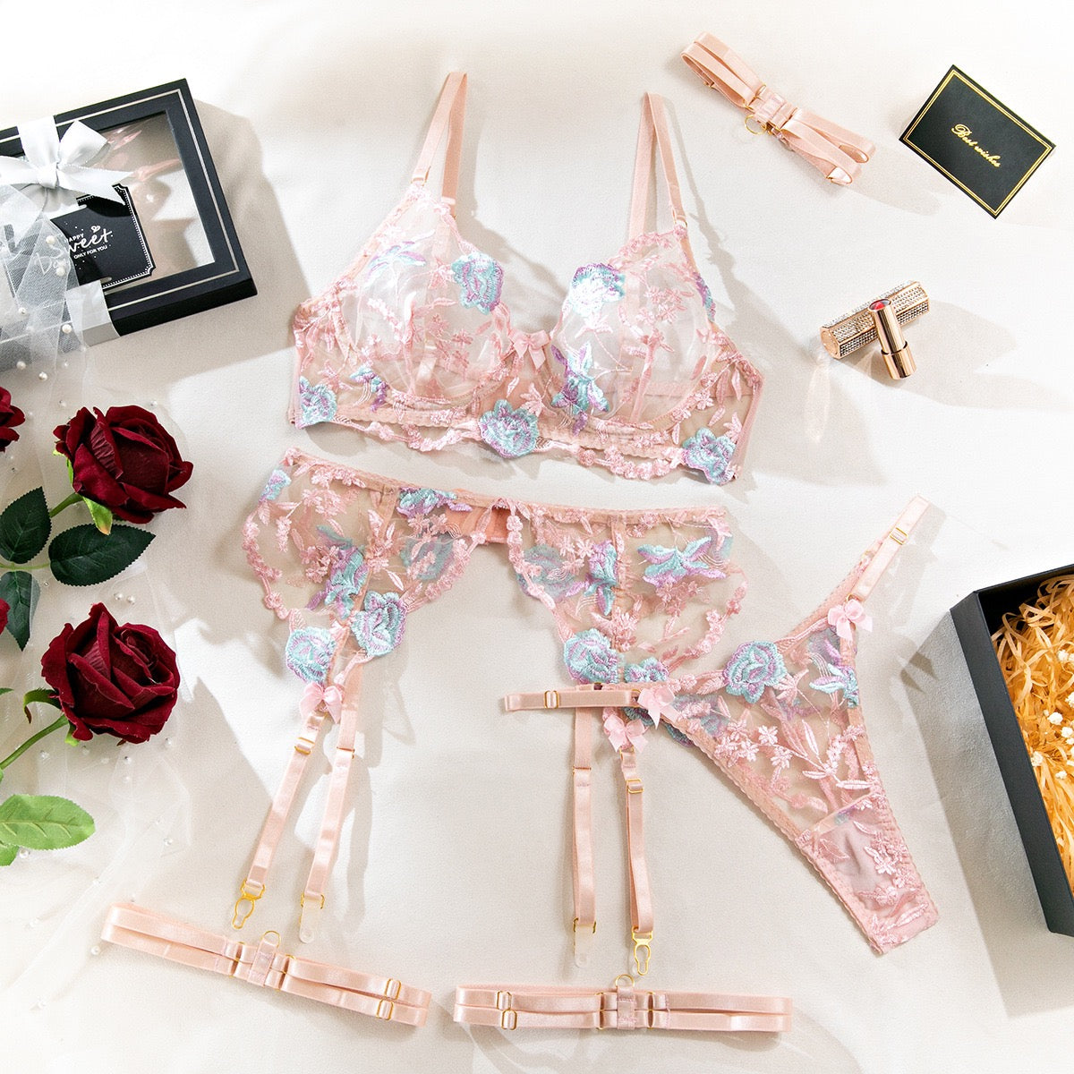 Blush Pink Embroidered Lingerie Set – 3-Piece Bra, Garter & Panty