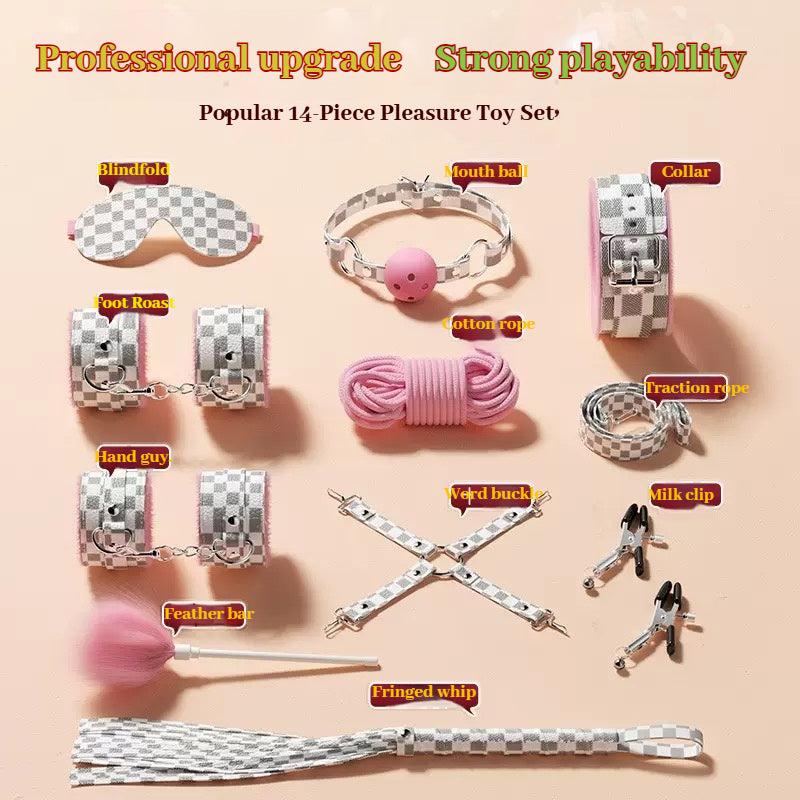 A luxurious pink and checkered bondage set featuring leather and plush cuffs, a blindfold, a ball gag, a rope, nipple clamps, a tickler, and a flogger – designed for comfort and sensual play. Perfect for exploring intimacy with elegance.
