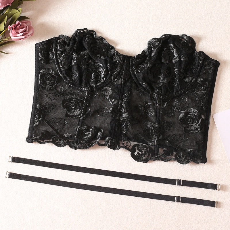 Seductive Black Lace Bustier Set – Sheer Floral Corset Lingerie