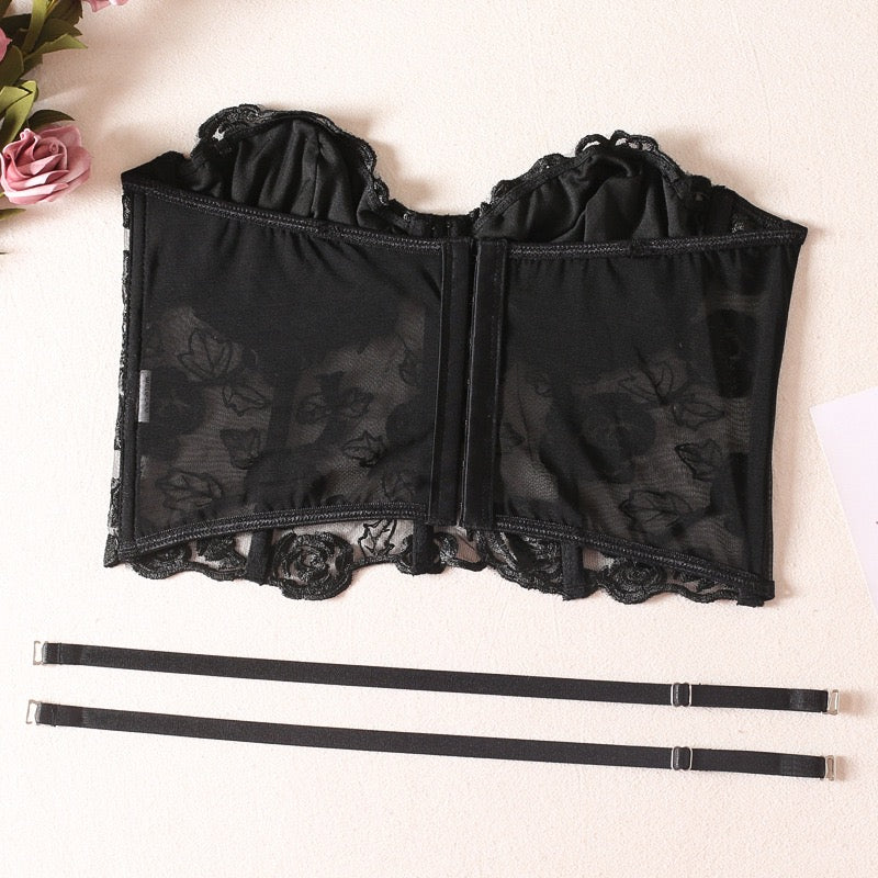 Seductive Black Lace Bustier Set – Sheer Floral Corset Lingerie