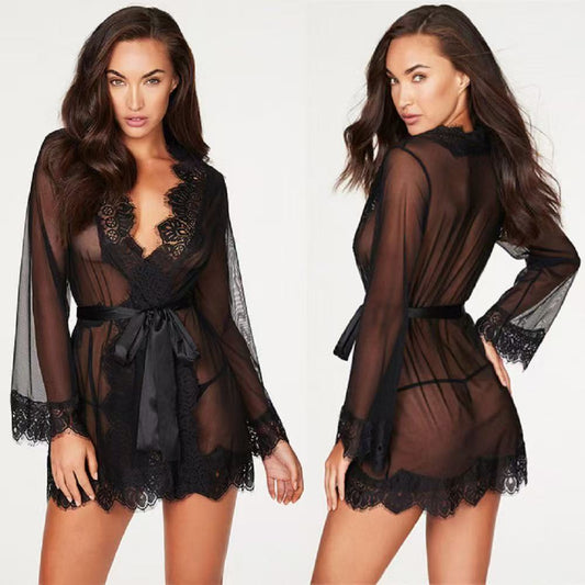 A model wearing a black sheer lace robe with a deep V-neckline, floral lace trim, and a satin belt. The lightweight, see-through design adds elegance and sensuality, perfect as a lingerie cover-up or a luxurious nightwear piece.
