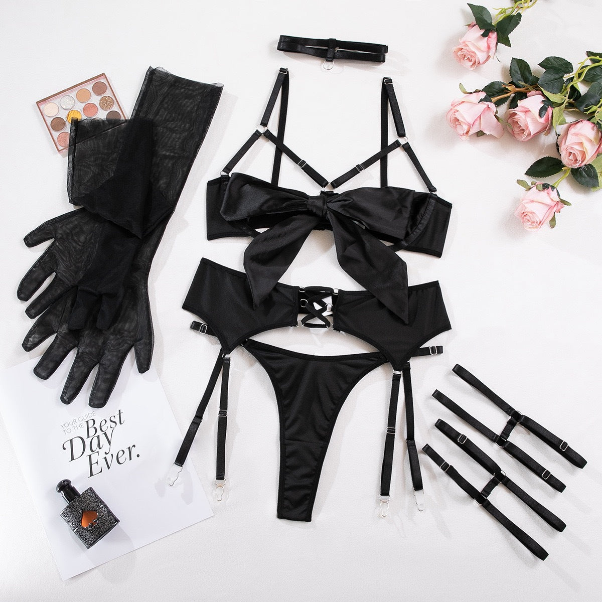 Strappy Black Cutout Lingerie Set – Bold Garter Harness & Choker Nightwear