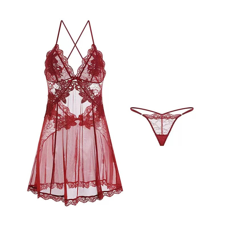 Sheer red lace babydoll nightdress with delicate floral details and matching thong