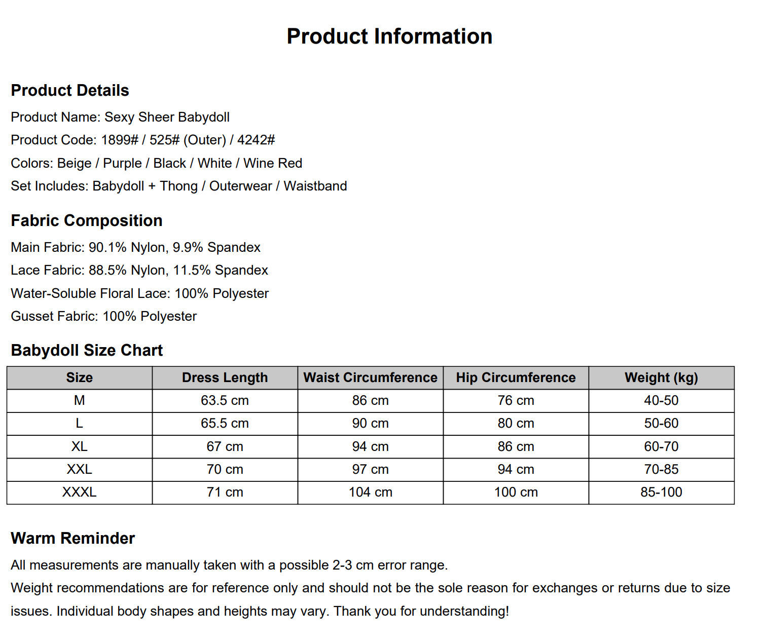 Product information for a sexy sheer babydoll, including fabric composition, available colors, and a detailed size chart with dress length, waist circumference, hip circumference, and recommended weight range.